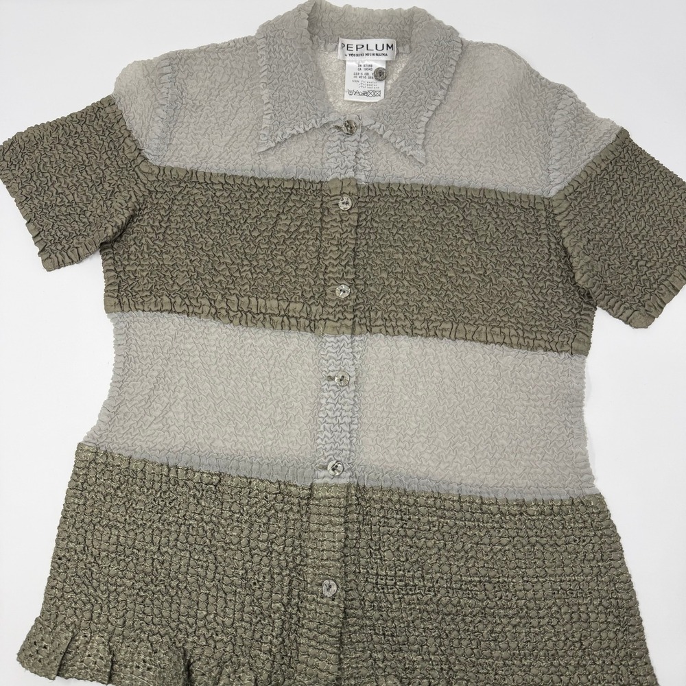 Peplum by Yoshiki Hishinuma Crinkle Popcorn Textured Colorblock Button Up Shirt